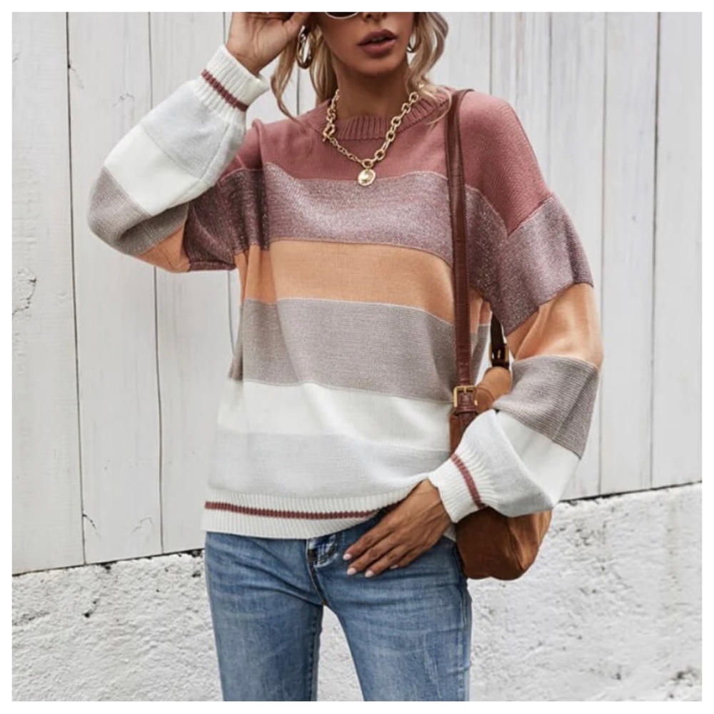 BOHO LOOSE FIT STRIPED COLOR BLOCK KNIT PULLOVER - Picture 2 of 6